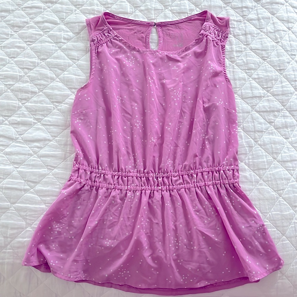 Target Sleeveless Orchid Pink Dotted Top with Ruched Waist, Size Small
